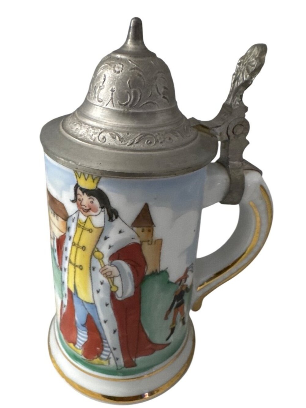 German Handpainted Beer Stein Pewter Lid Puss & Boots Design Lithopane Bottom